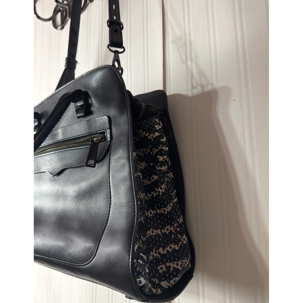 Rebecca Minkoff Black Leather MAB Tote Bag Snakeskin Calf Hair Gusset Satchel - Picture 2 of 10